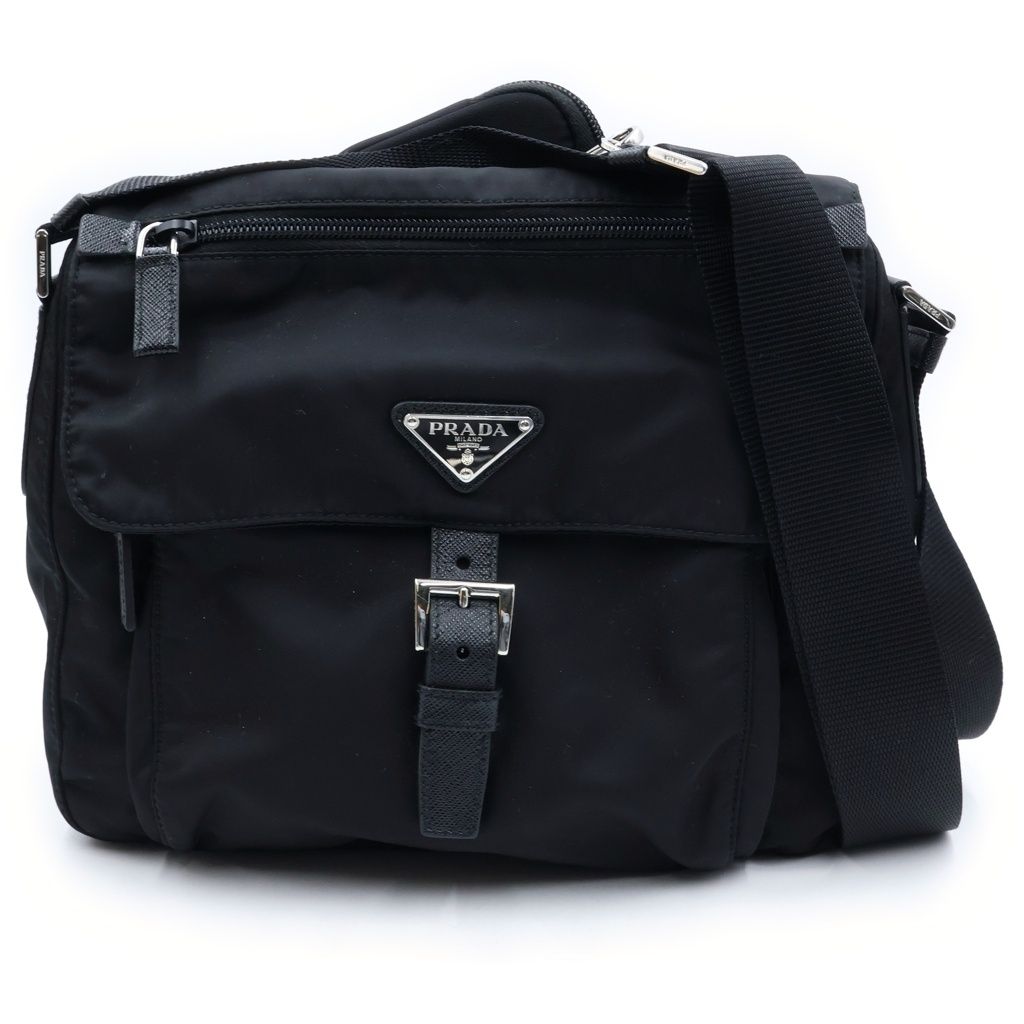 Prada Re-Nylon Triangle Logo Shoulder Bag Black Tessuto Pouch Silver