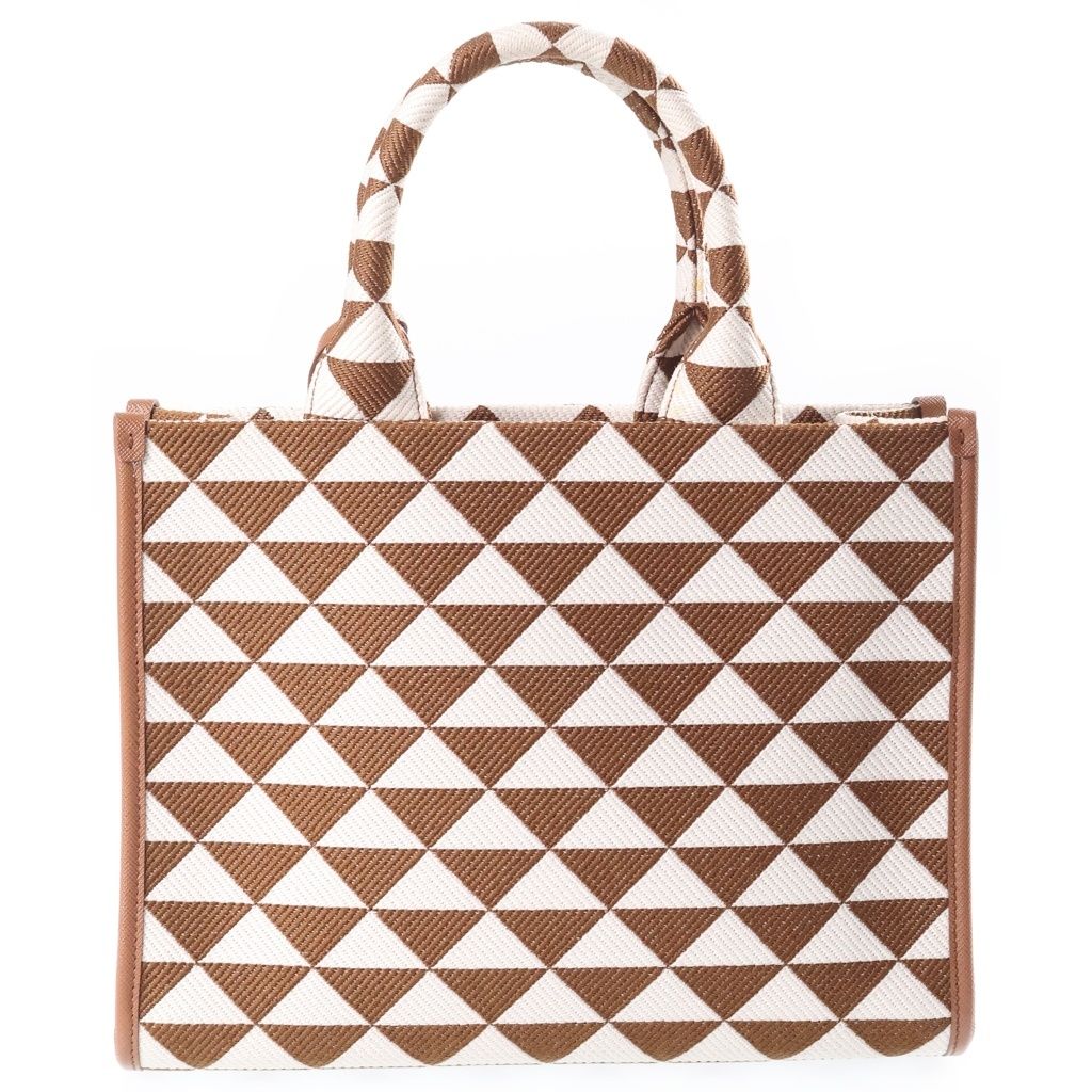 Prada Symbol Embroidery Fabric Handbag 2-Way Shoulder Small White Brown — view 2