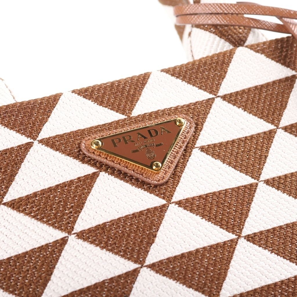 Prada Symbol Embroidery Fabric Handbag 2-Way Shoulder Small White Brown — view 6