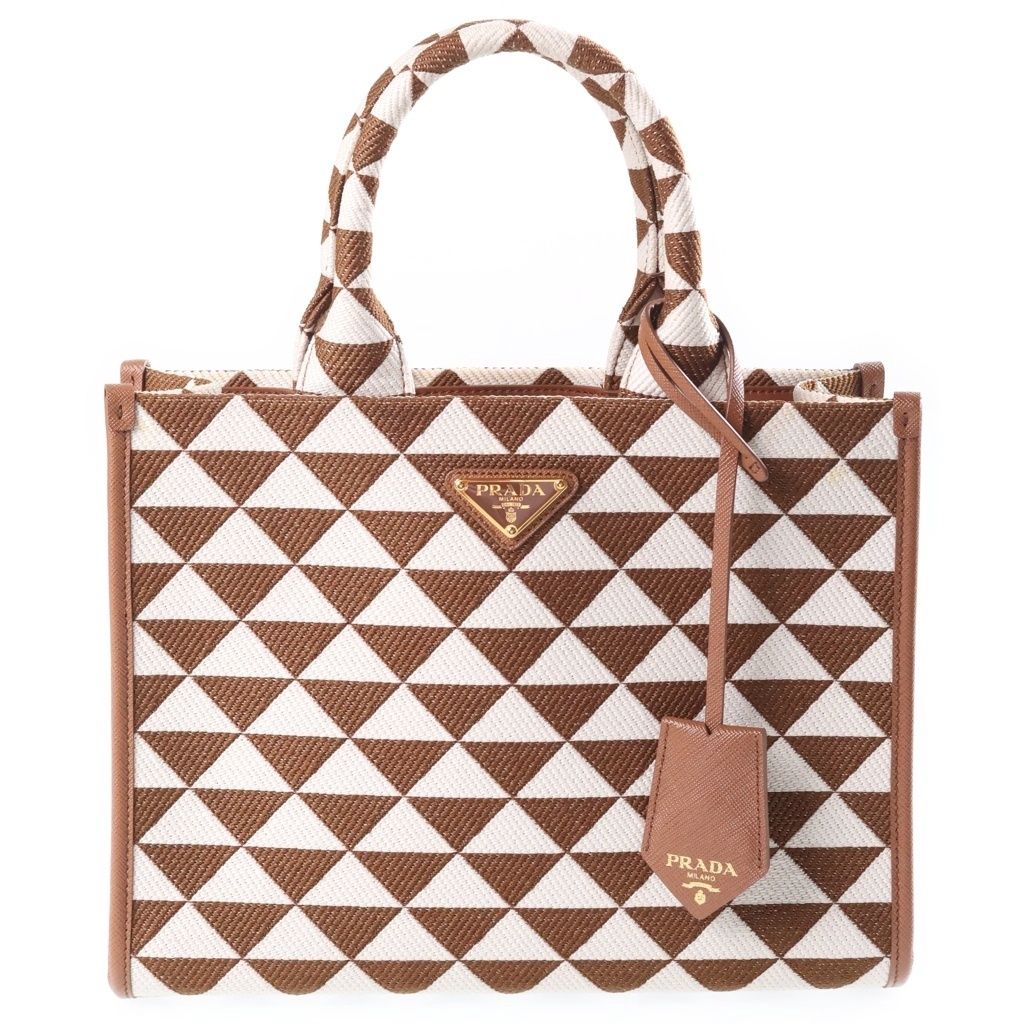 Prada Symbol Embroidery Fabric Handbag 2-Way Shoulder Small White Brown