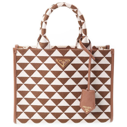 Prada Symbol Embroidery Fabric Handbag 2-Way Shoulder Small White Brown