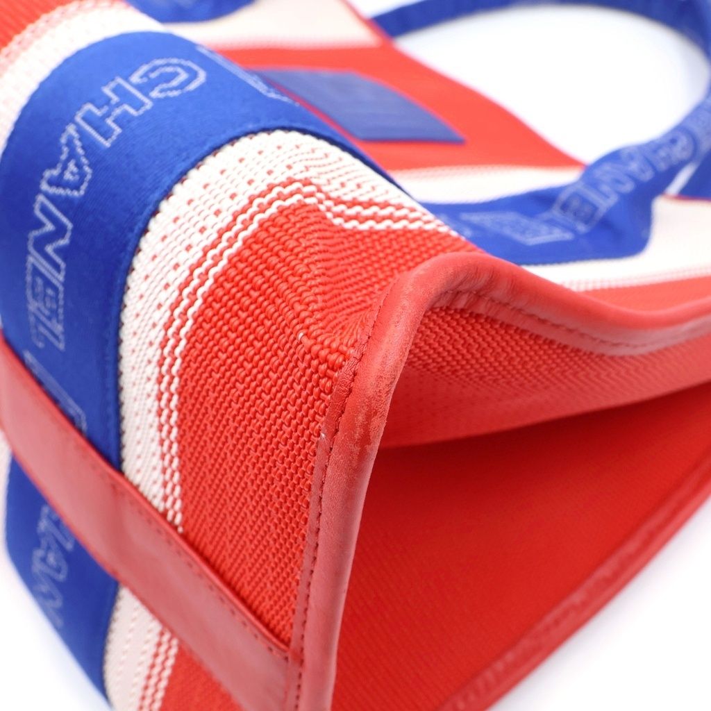 Chanel Sports Line CC Logo Leather Patch Canvas Tote Red Blue — view 5