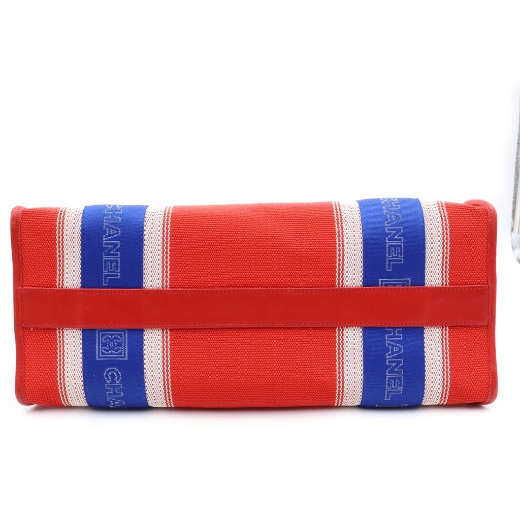 Chanel Sports Line CC Logo Leather Patch Canvas Tote Red Blue — view 4