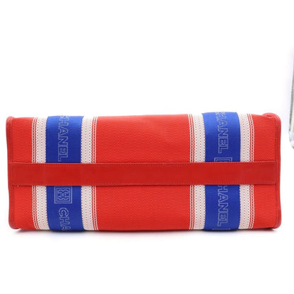 Chanel Sports Line CC Logo Leather Patch Canvas Tote Red Blue — view 4