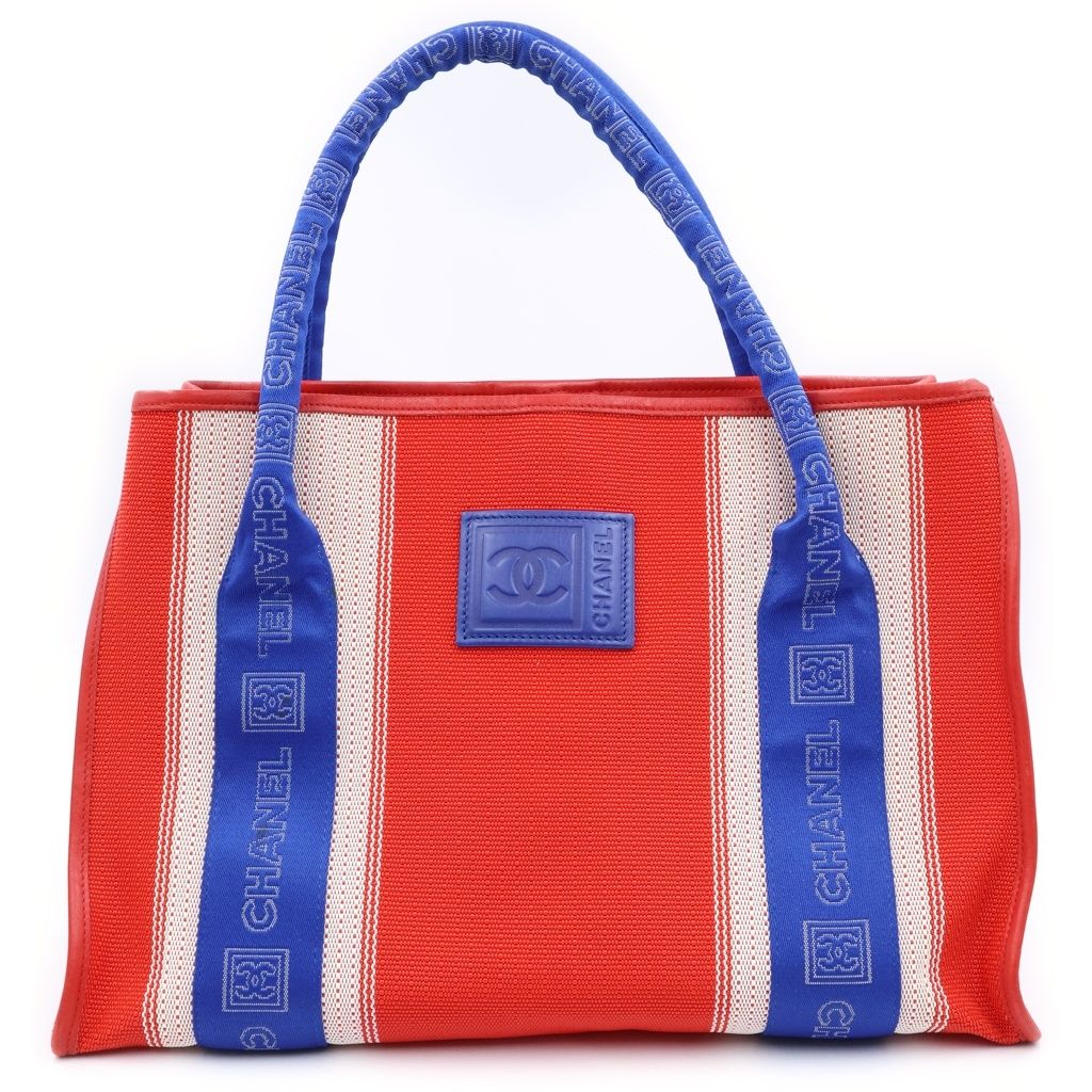 Chanel Sports Line CC Logo Leather Patch Canvas Tote Red Blue