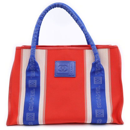 Chanel Sports Line CC Logo Leather Patch Canvas Tote Red Blue