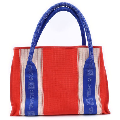 Chanel Sports Line CC Logo Leather Patch Canvas Tote Red Blue — view 2