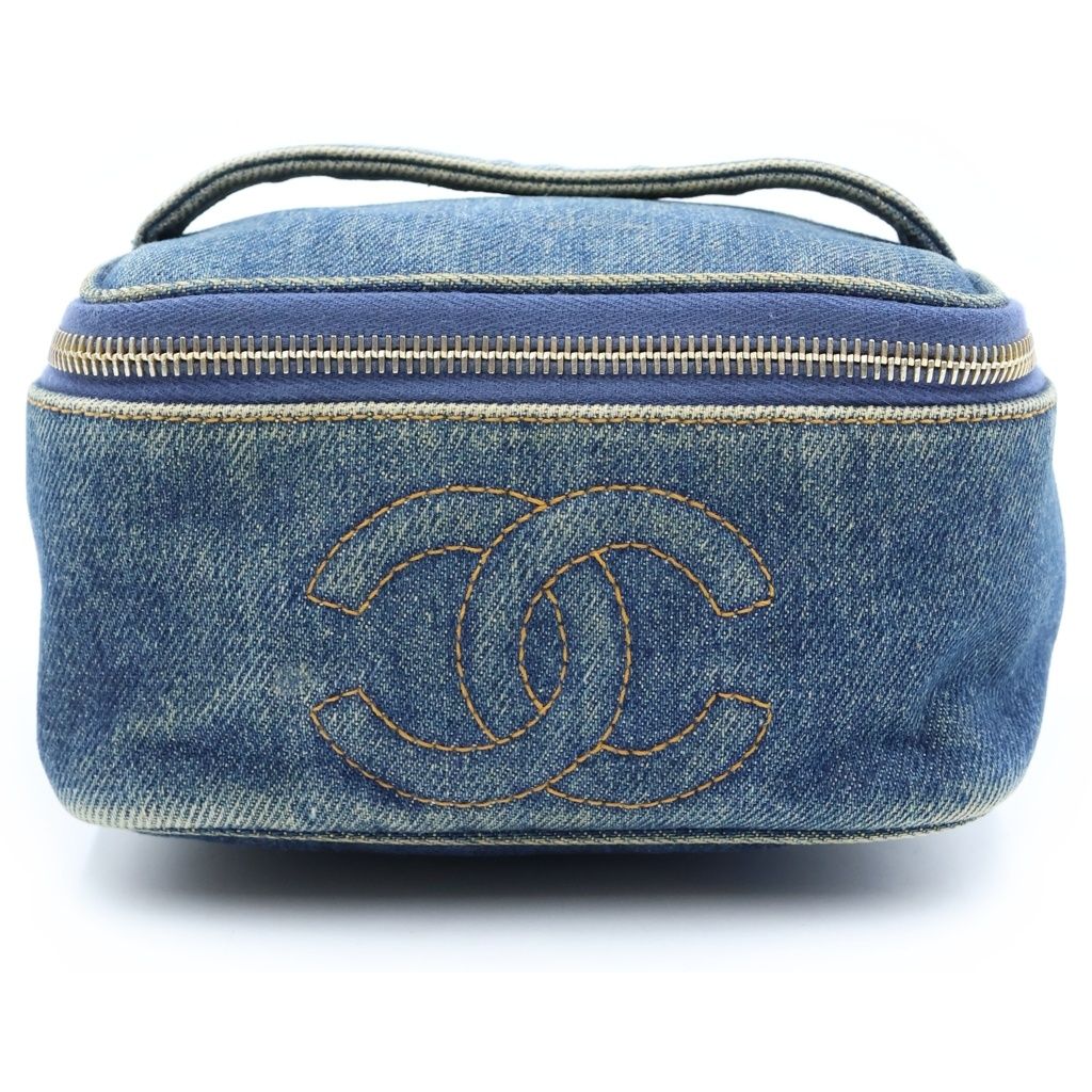 Chanel Vintage Denim Vanity Handbag Pouch Indigo Blue Gold