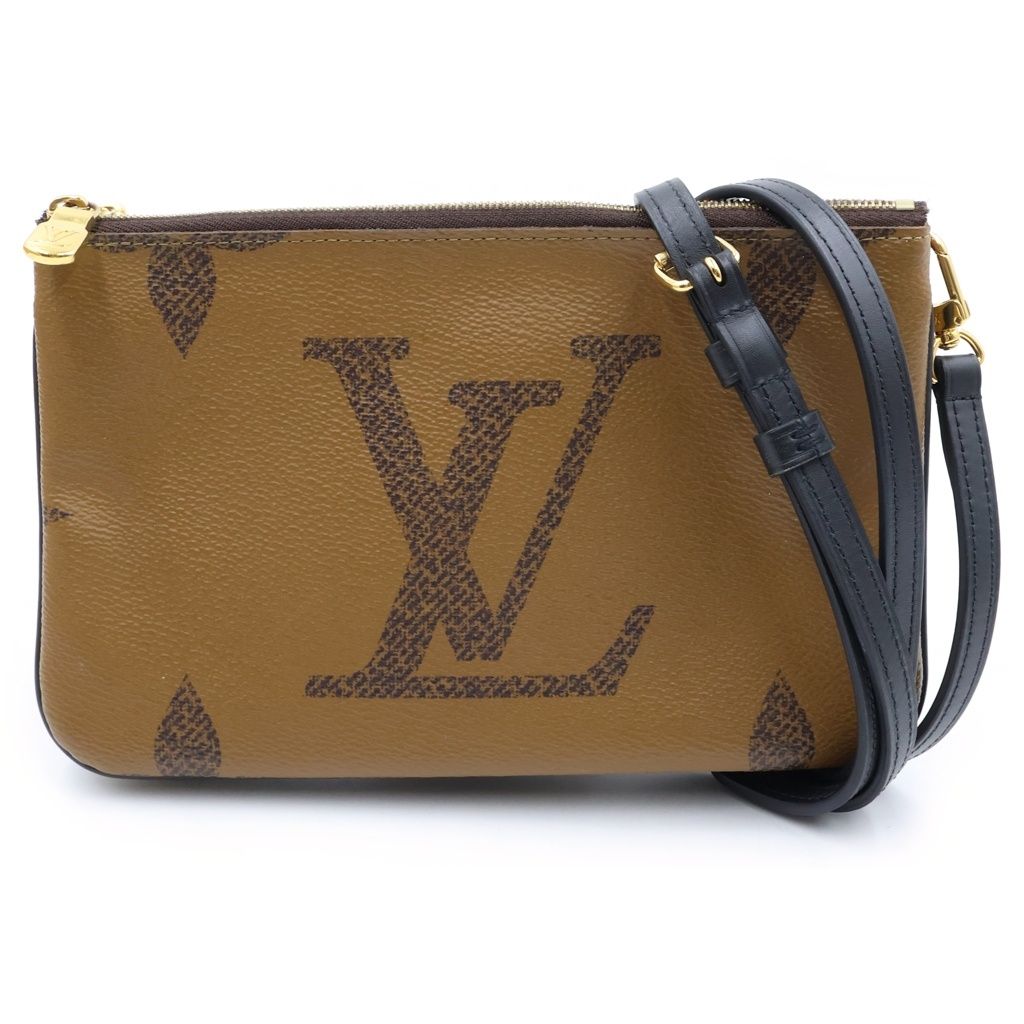 Louis Vuitton Monogram Giant Reverse Pochette Double Zip Brown Black Leather