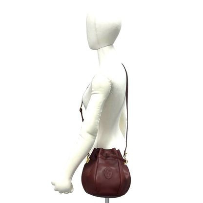 Cartier Vintage Must Line Logo Leather Drawstring Shoulder Bag Wine Red Bordeaux — view 2