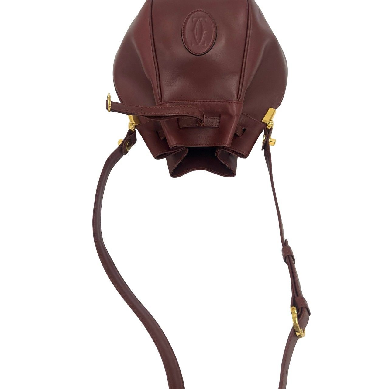 Cartier Vintage Must Line Logo Leather Drawstring Shoulder Bag Wine Red Bordeaux — view 4