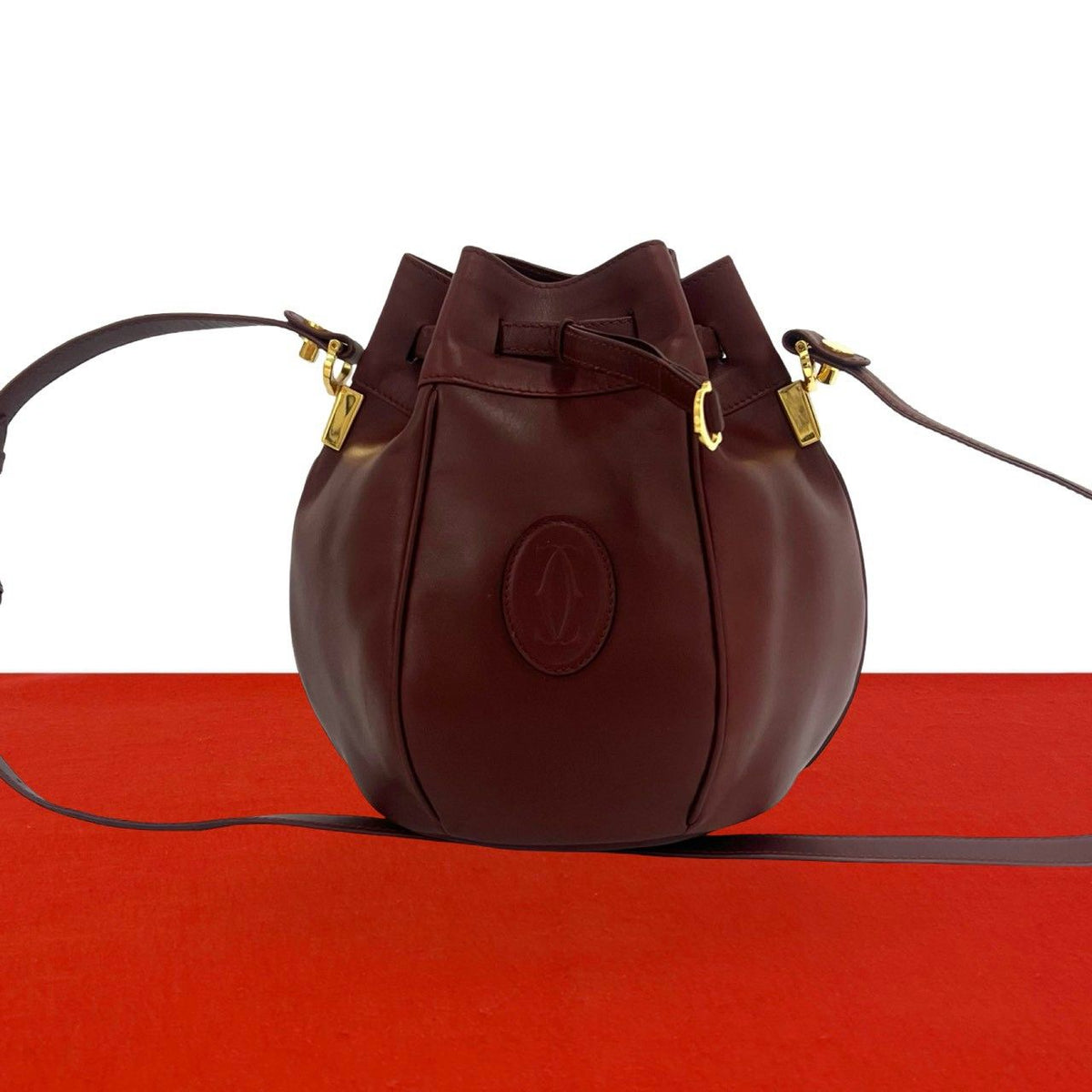 Cartier Vintage Must Line Logo Leather Drawstring Shoulder Bag Wine Red Bordeaux