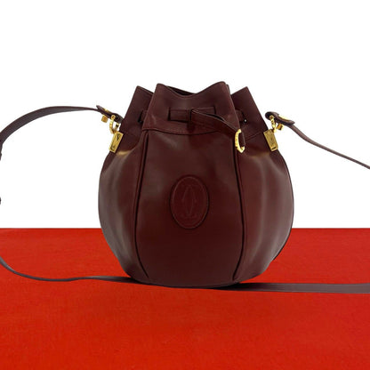 Cartier Vintage Must Line Logo Leather Drawstring Shoulder Bag Wine Red Bordeaux