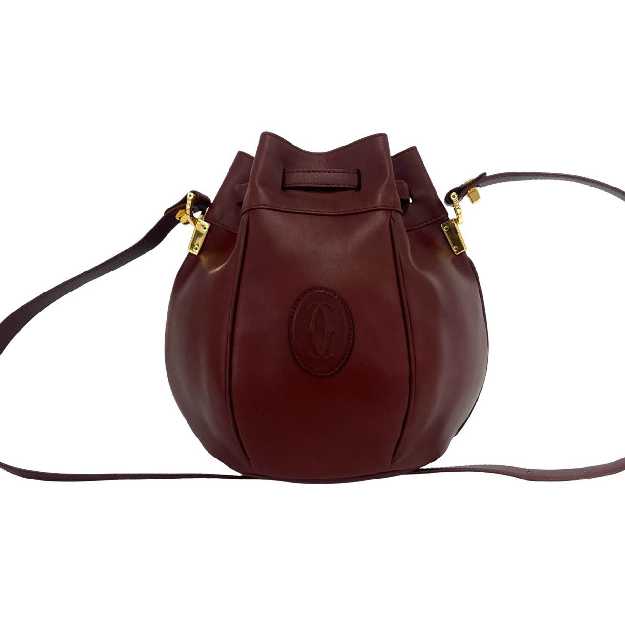 Cartier Vintage Must Line Logo Leather Drawstring Shoulder Bag Wine Red Bordeaux — view 3