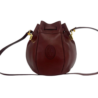 Cartier Vintage Must Line Logo Leather Drawstring Shoulder Bag Wine Red Bordeaux — view 3