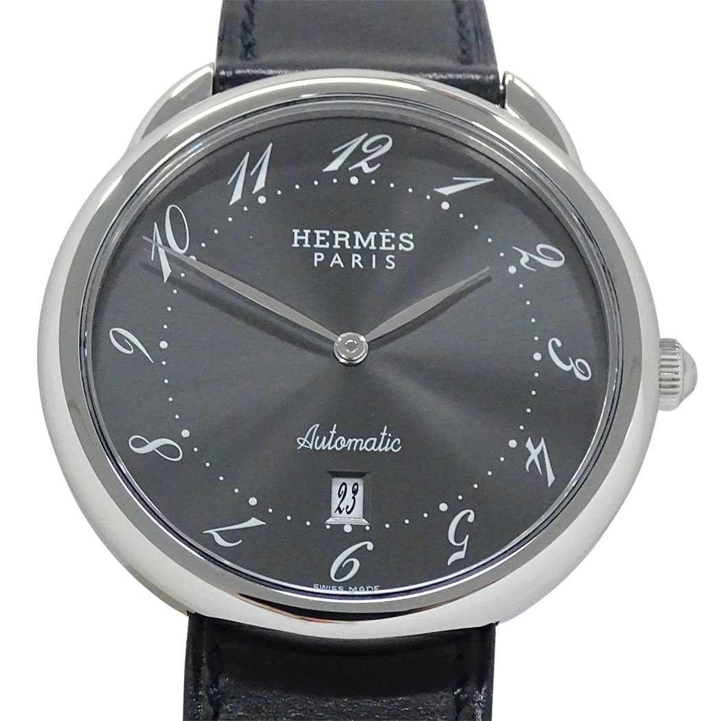 Hermes Watch Arceau Date Automatic Stainless Steel Leather Silver Gray Black — view 2