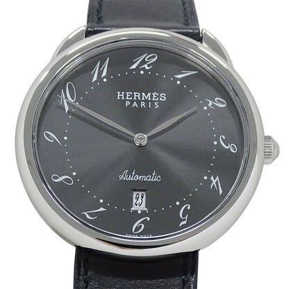 Hermes Watch Arceau Date Automatic Stainless Steel Leather Silver Gray Black — view 2