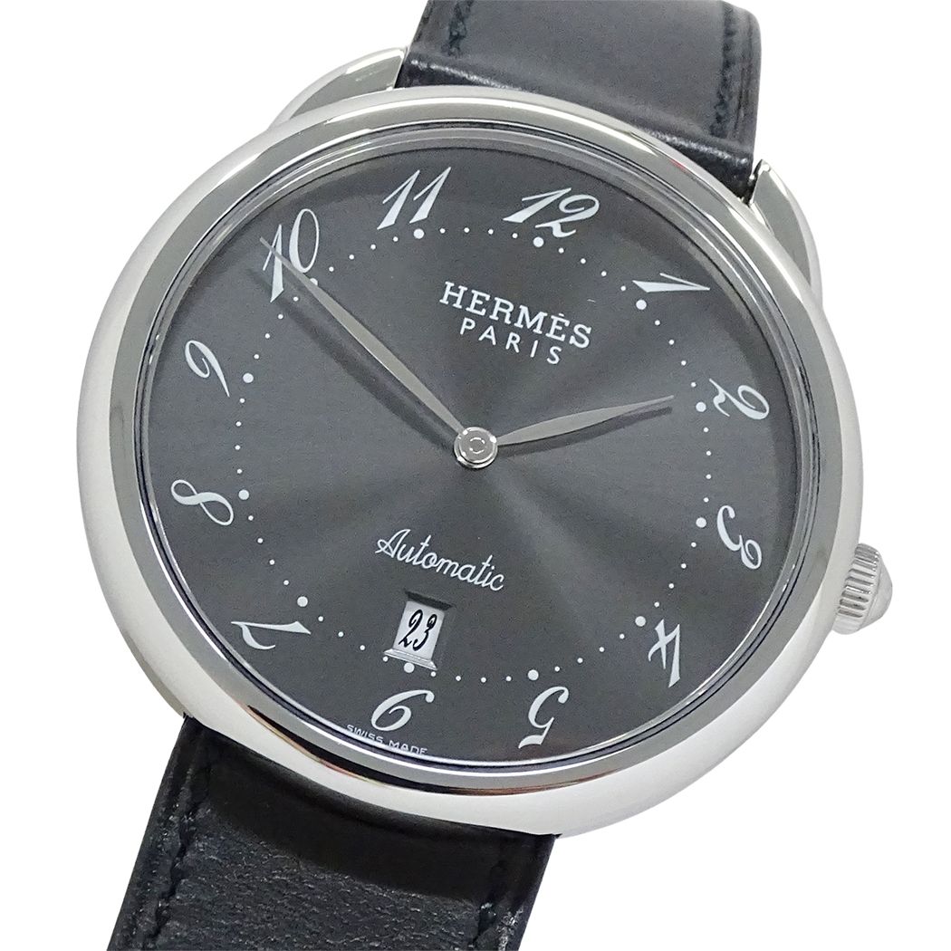 Hermes Watch Arceau Date Automatic Stainless Steel Leather Silver Gray Black
