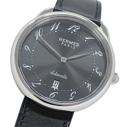 Hermes Watch Arceau Date Automatic Stainless Steel Leather Silver Gray Black
