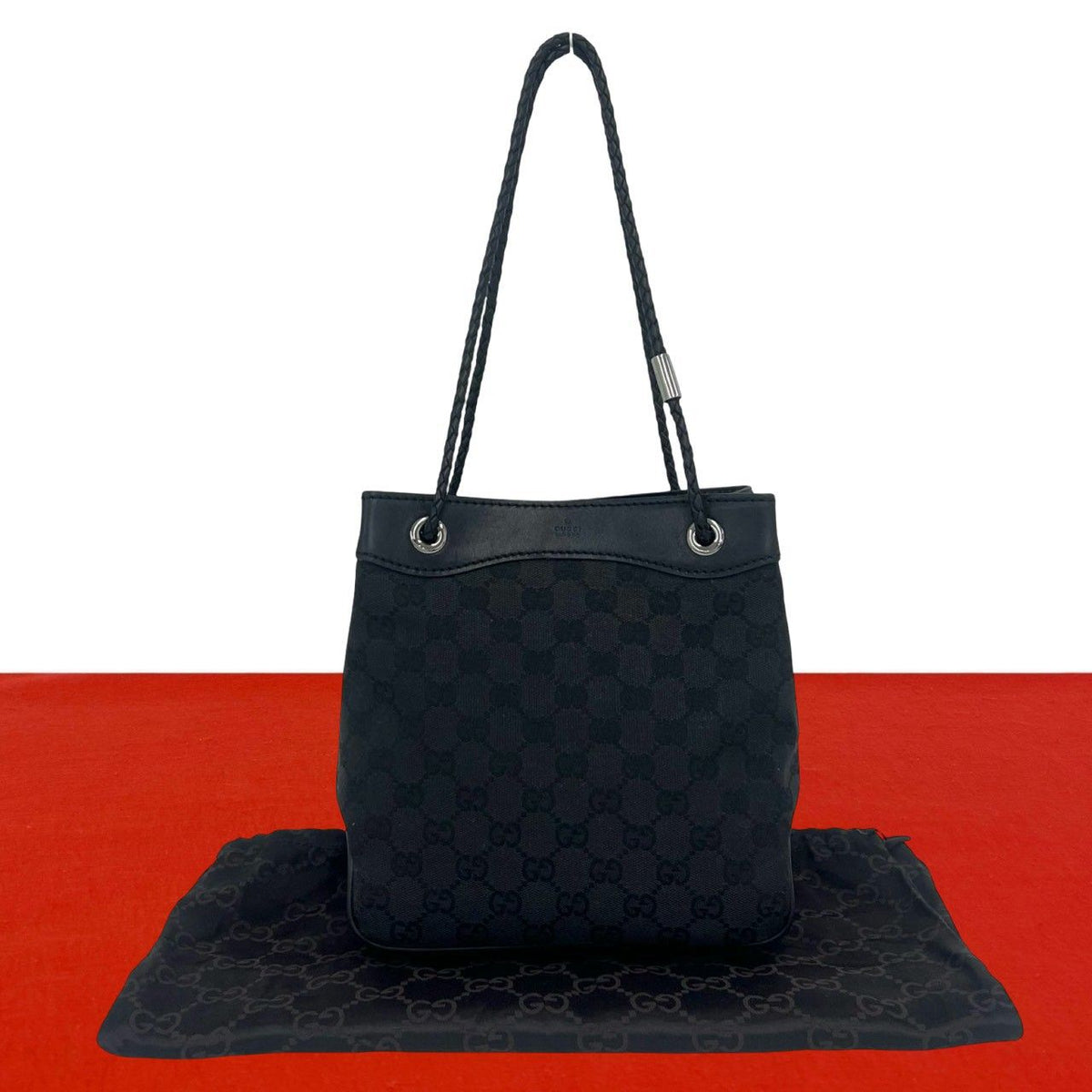 Gucci GG Logo Pattern Canvas Leather Shoulder Bag Mini Black