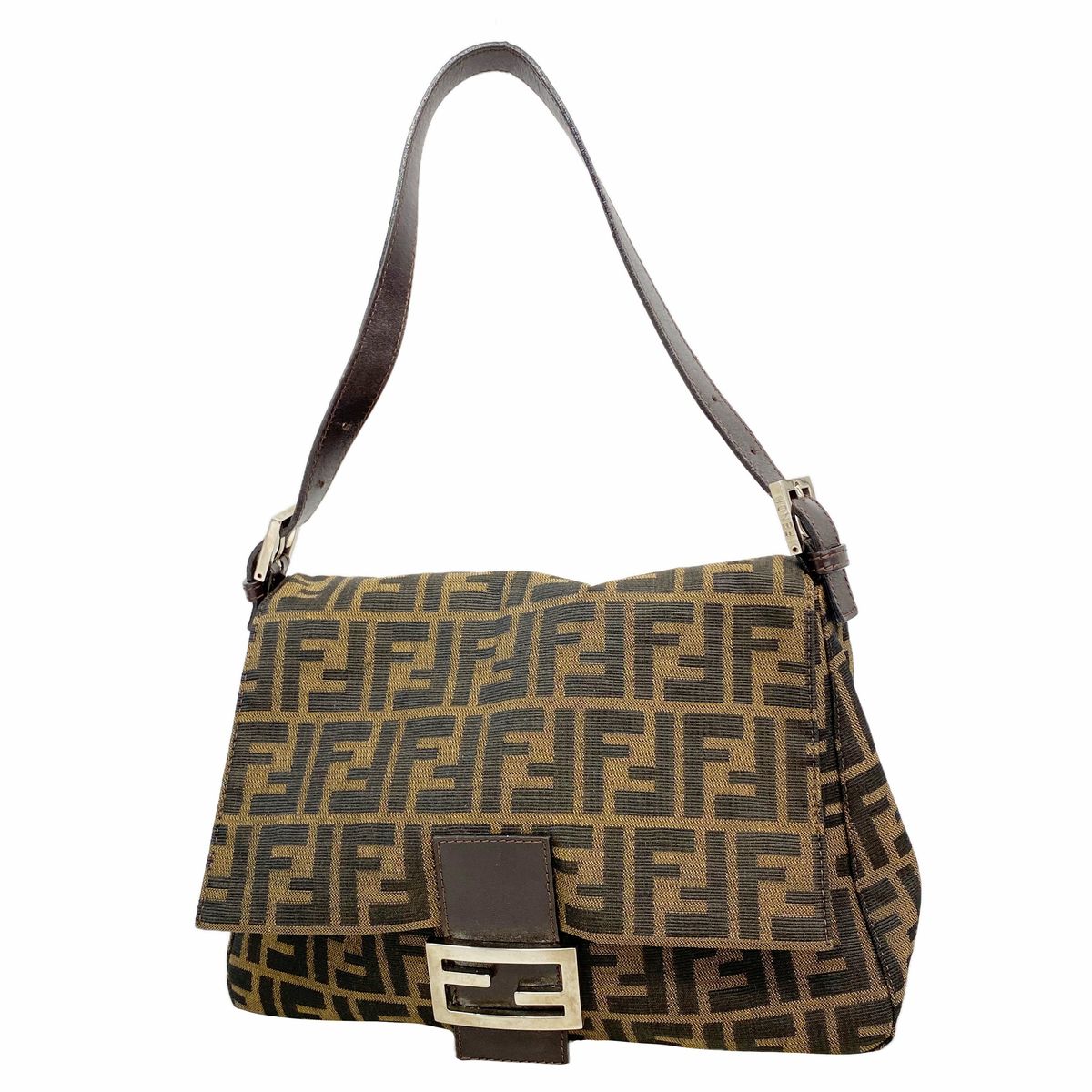 Fendi Handbag Zucca Mamma Bucket Nylon Canvas Brown Silver