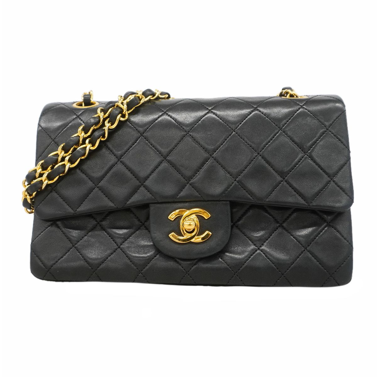 Chanel Shoulder Bag Quilted Lambskin Black Gold