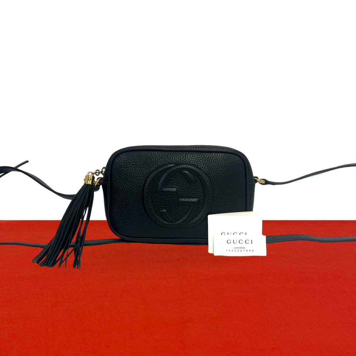 Gucci Soho Interlocking G Tassel Leather Mini Shoulder Bag Pochette Black