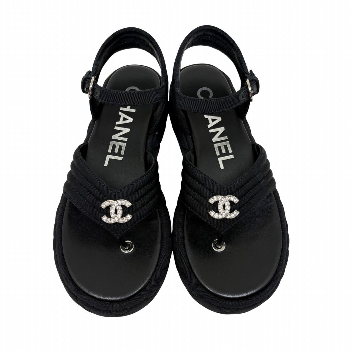Chanel CC Logo Rhinestone Thong Sandals Black Grosgrain — view 7