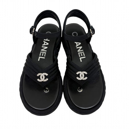 Chanel CC Logo Rhinestone Thong Sandals Black Grosgrain — view 7
