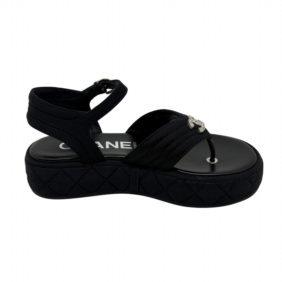Chanel CC Logo Rhinestone Thong Sandals Black Grosgrain — view 3