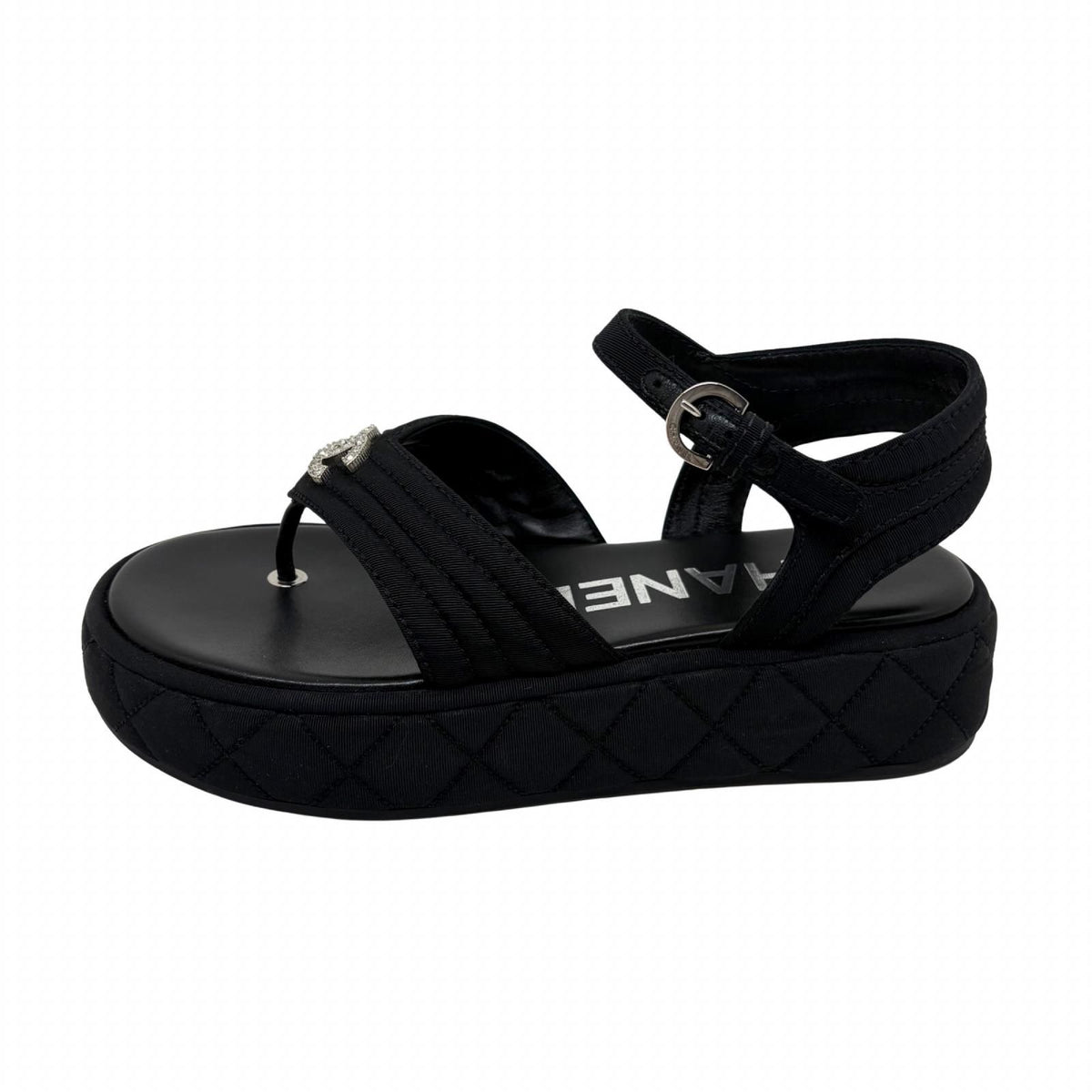 Chanel CC Logo Rhinestone Thong Sandals Black Grosgrain — view 2