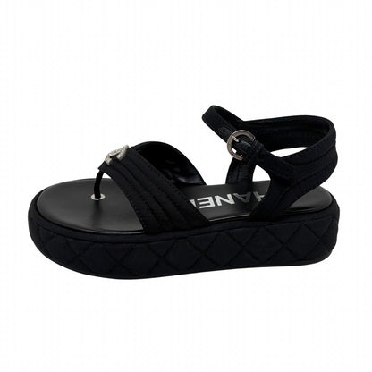 Chanel CC Logo Rhinestone Thong Sandals Black Grosgrain — view 2