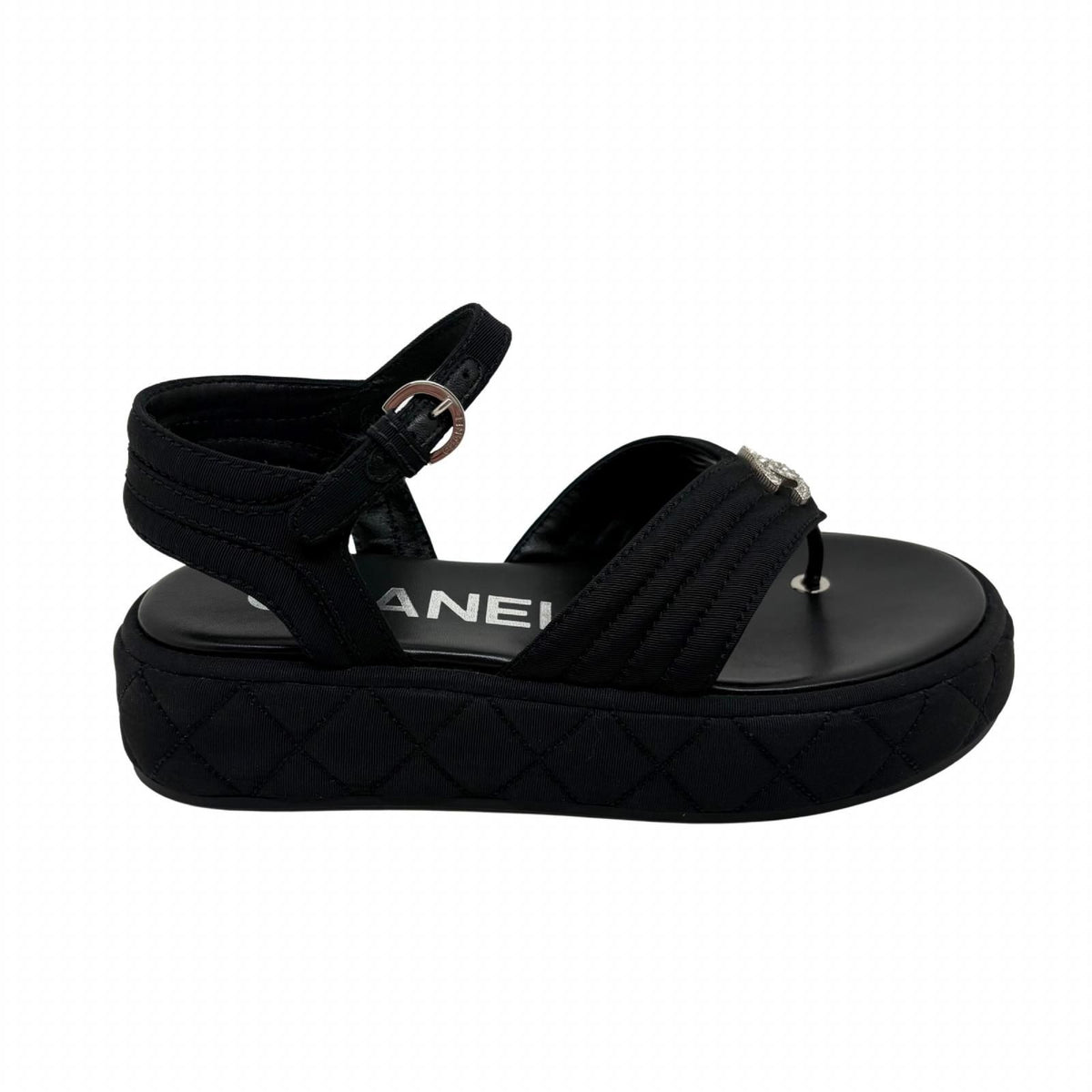 Chanel CC Logo Rhinestone Thong Sandals Black Grosgrain — view 4