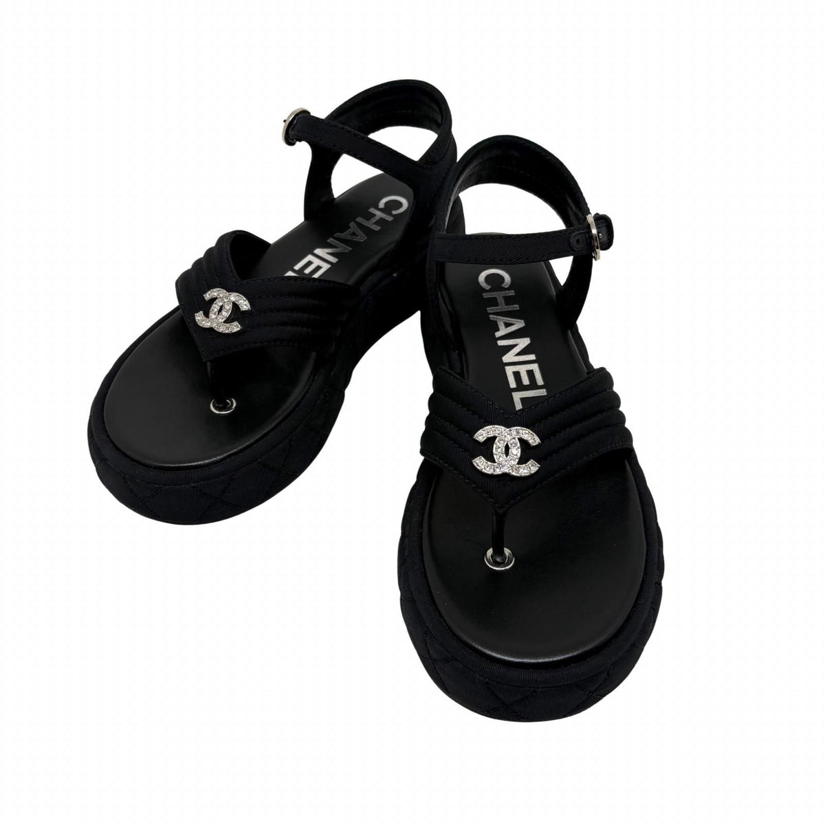 Chanel CC Logo Rhinestone Thong Sandals Black Grosgrain