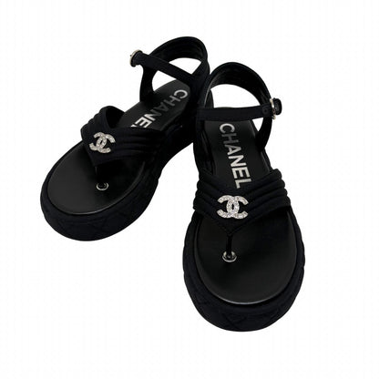 Chanel CC Logo Rhinestone Thong Sandals Black Grosgrain