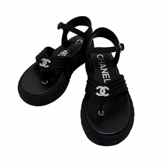 Chanel CC Logo Rhinestone Thong Sandals Black Grosgrain