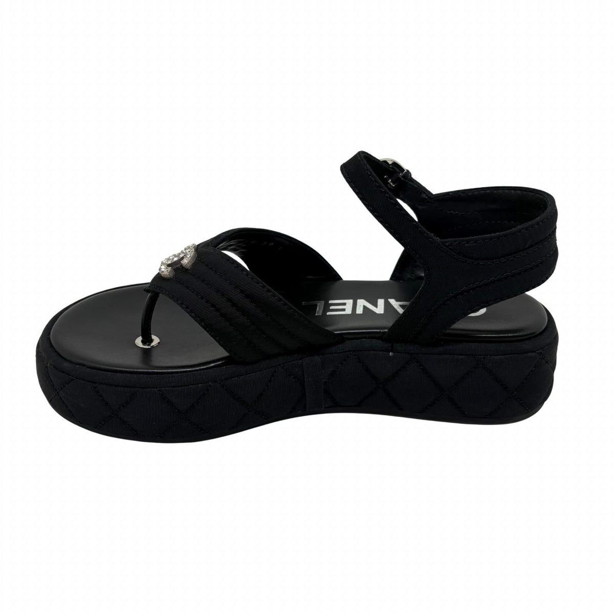 Chanel CC Logo Rhinestone Thong Sandals Black Grosgrain — view 5