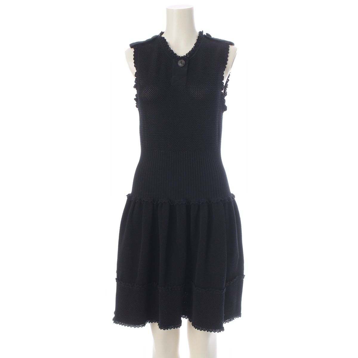 Chanel Coco Buttons Sleeveless Pullover Epaulette Knit Dress Lace Flare Short