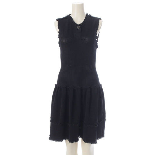 Chanel Coco Buttons Sleeveless Pullover Epaulette Knit Dress Lace Flare Short
