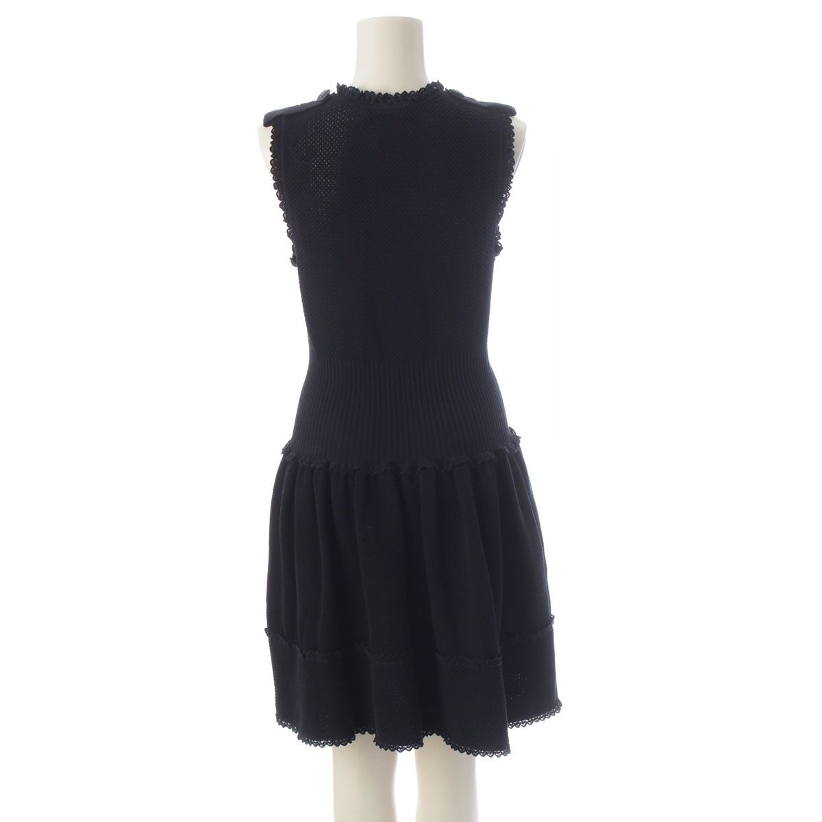 Chanel Coco Buttons Sleeveless Pullover Epaulette Knit Dress Lace Flare Short — view 4