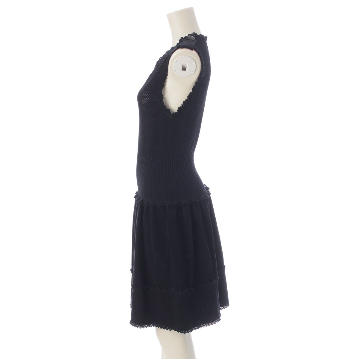 Chanel Coco Buttons Sleeveless Pullover Epaulette Knit Dress Lace Flare Short — view 3