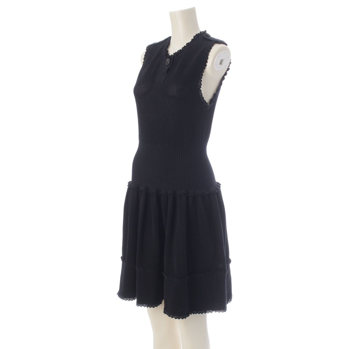 Chanel Coco Buttons Sleeveless Pullover Epaulette Knit Dress Lace Flare Short — view 2