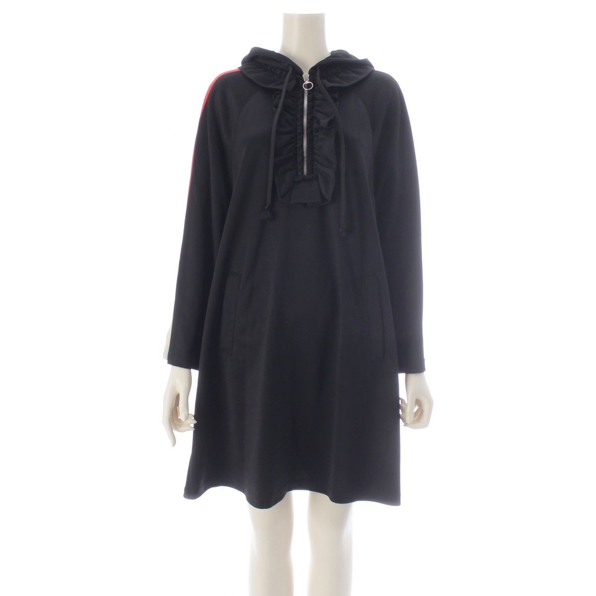 Gucci Nylon Cotton Sherry Line Logo Sleeve Hooded Dress Long Black Hoodie