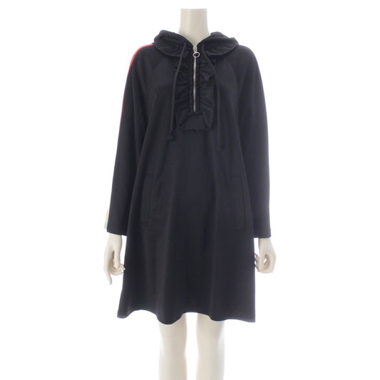 Gucci Nylon Cotton Sherry Line Logo Sleeve Hooded Dress Long Black Hoodie
