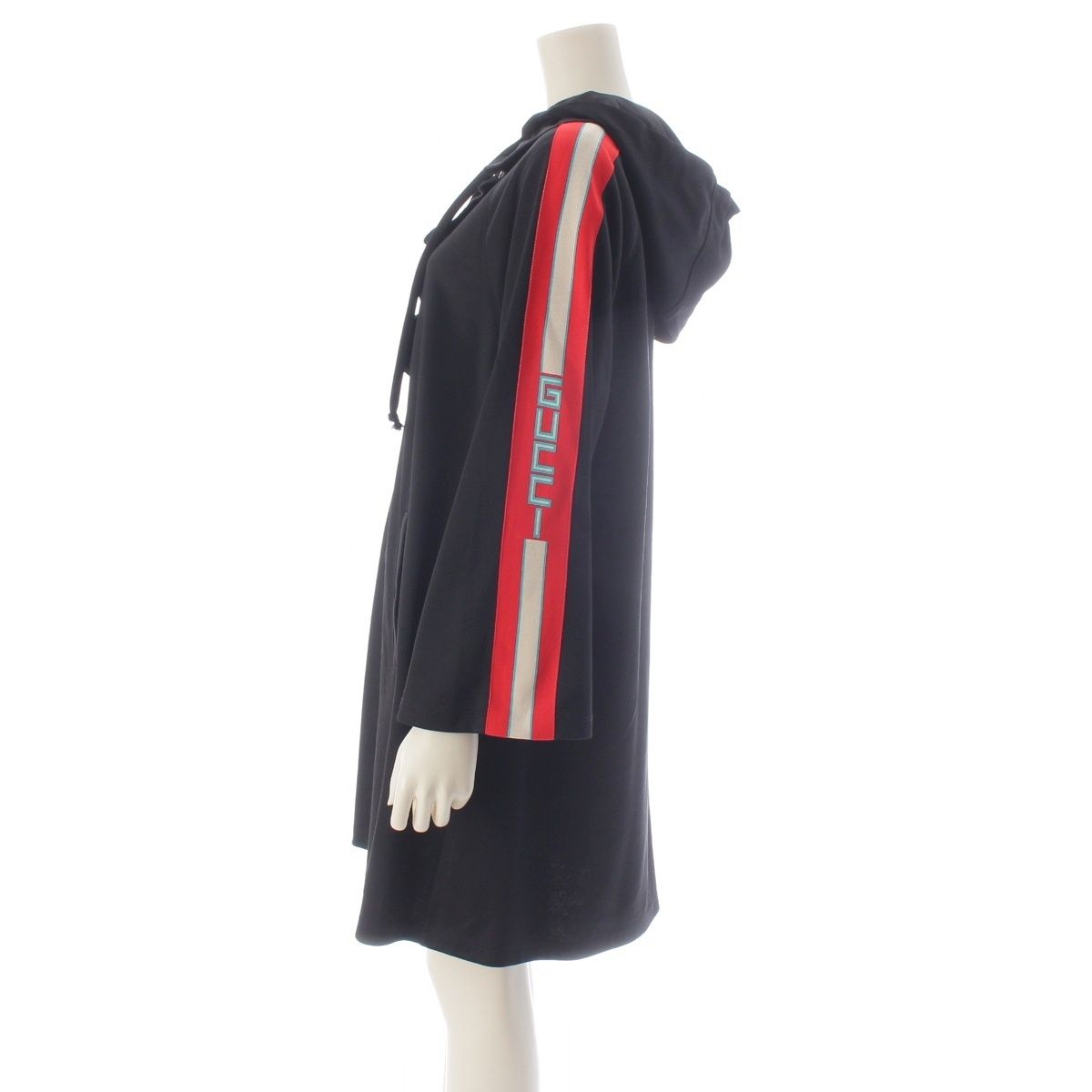 Gucci Nylon Cotton Sherry Line Logo Sleeve Hooded Dress Long Black Hoodie — view 3