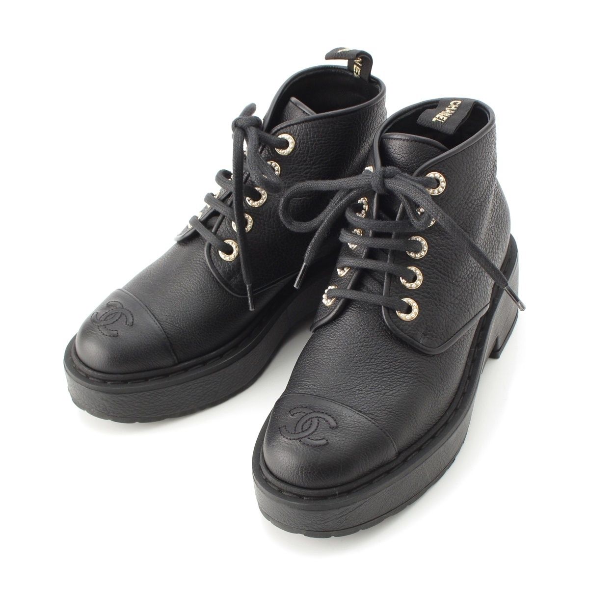 Chanel 20B Leather Pearl Decoration CC Logo Lace-up Short Boots Ankle Black