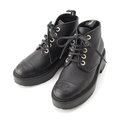 Chanel 20B Leather Pearl Decoration CC Logo Lace-up Short Boots Ankle Black