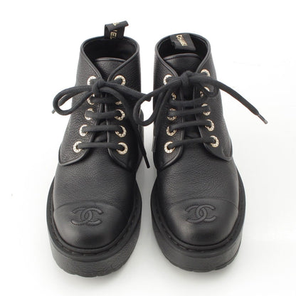 Chanel 20B Leather Pearl Decoration CC Logo Lace-up Short Boots Ankle Black — view 2