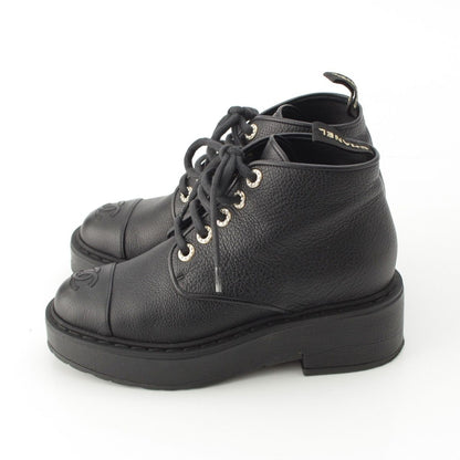 Chanel 20B Leather Pearl Decoration CC Logo Lace-up Short Boots Ankle Black — view 3