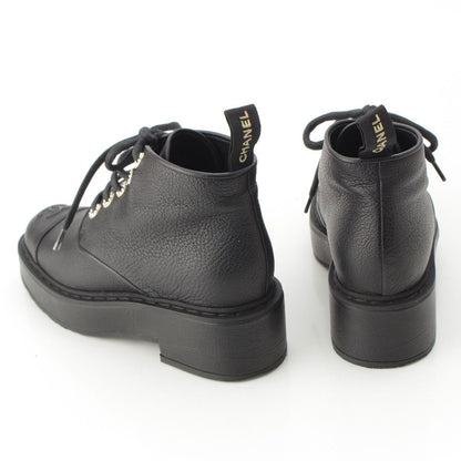 Chanel 20B Leather Pearl Decoration CC Logo Lace-up Short Boots Ankle Black — view 4